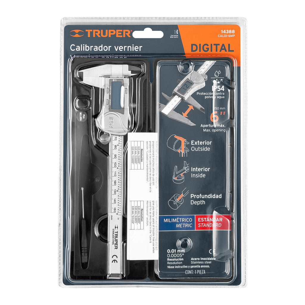 Calibrador vernier digital 6" acero inox, std y mm, TRUPER CALDI-6MP (14388)