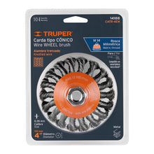 Cargar imagen en el visor de la galería, Carda tipo cónico 4" alambre trenzado, eje M14, TRUPER CATR-4EM (14188)