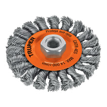 Cargar imagen en el visor de la galería, Carda circular 4" alambre trenzado, eje 5/8"-11, TRUPER CATR-4ES (17527)