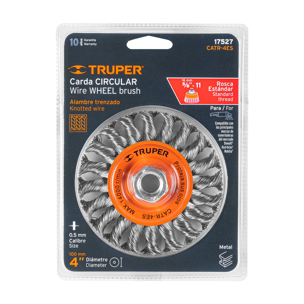 Carda circular 4" alambre trenzado, eje 5/8"-11, TRUPER CATR-4ES (17527)