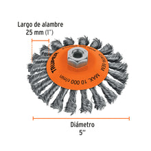 Cargar imagen en el visor de la galería, Carda tipo cónico 5" alambre trenzado, eje M14, TRUPER CATR-5EM (14189)