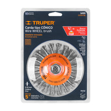 Cargar imagen en el visor de la galería, Carda tipo cónico 5" alambre trenzado, eje 5/8"-11 TRUPER CATR-5E (14191)