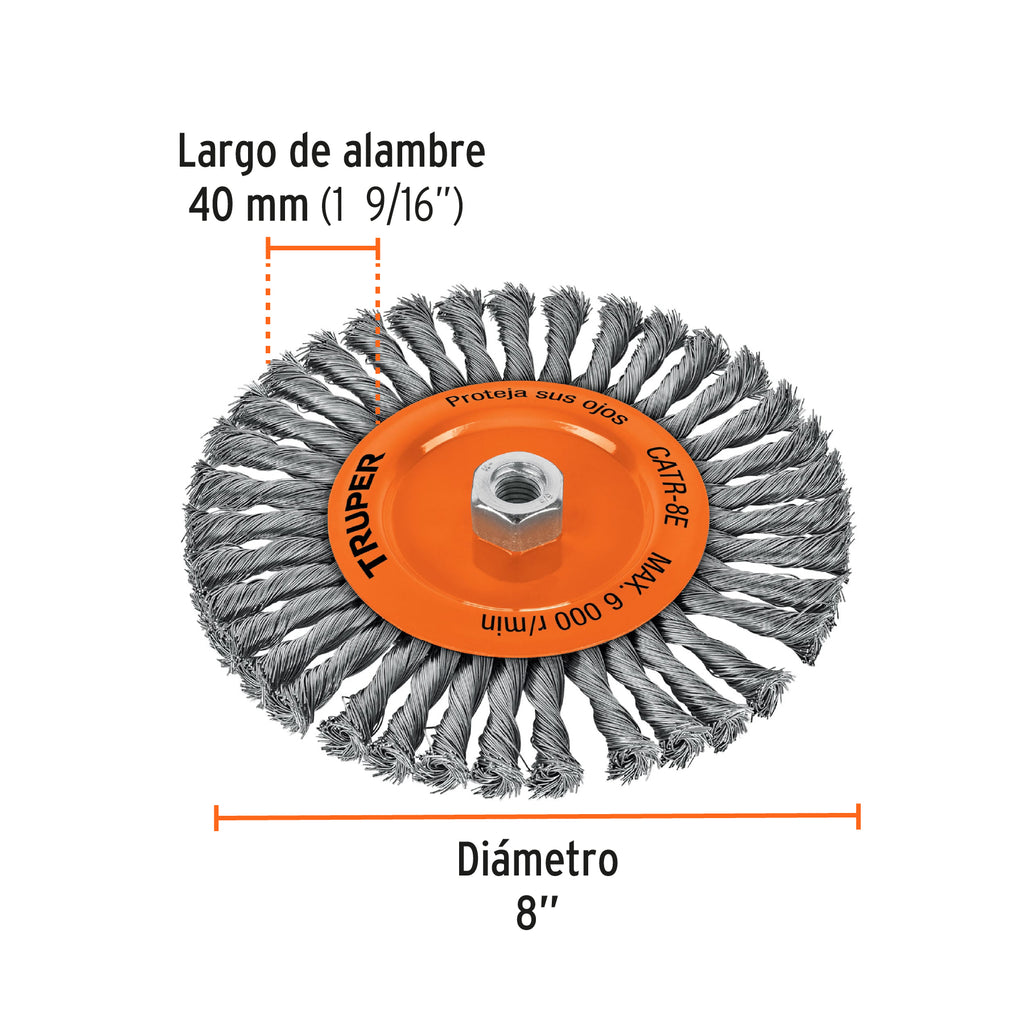 Carda circular 8" alambre trenzado, eje 5/8"-11, TRUPER CATR-8E (17528)
