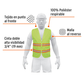 Chaleco de seguridad verde alta visibilidad con cierre, TRUPER CHS-600V (13474)