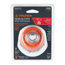 Cargar imagen en el visor de la galería, Carda copa 3" alambre ondulado fino, eje 5/8"-11, TRUPER CO-508 (14182)