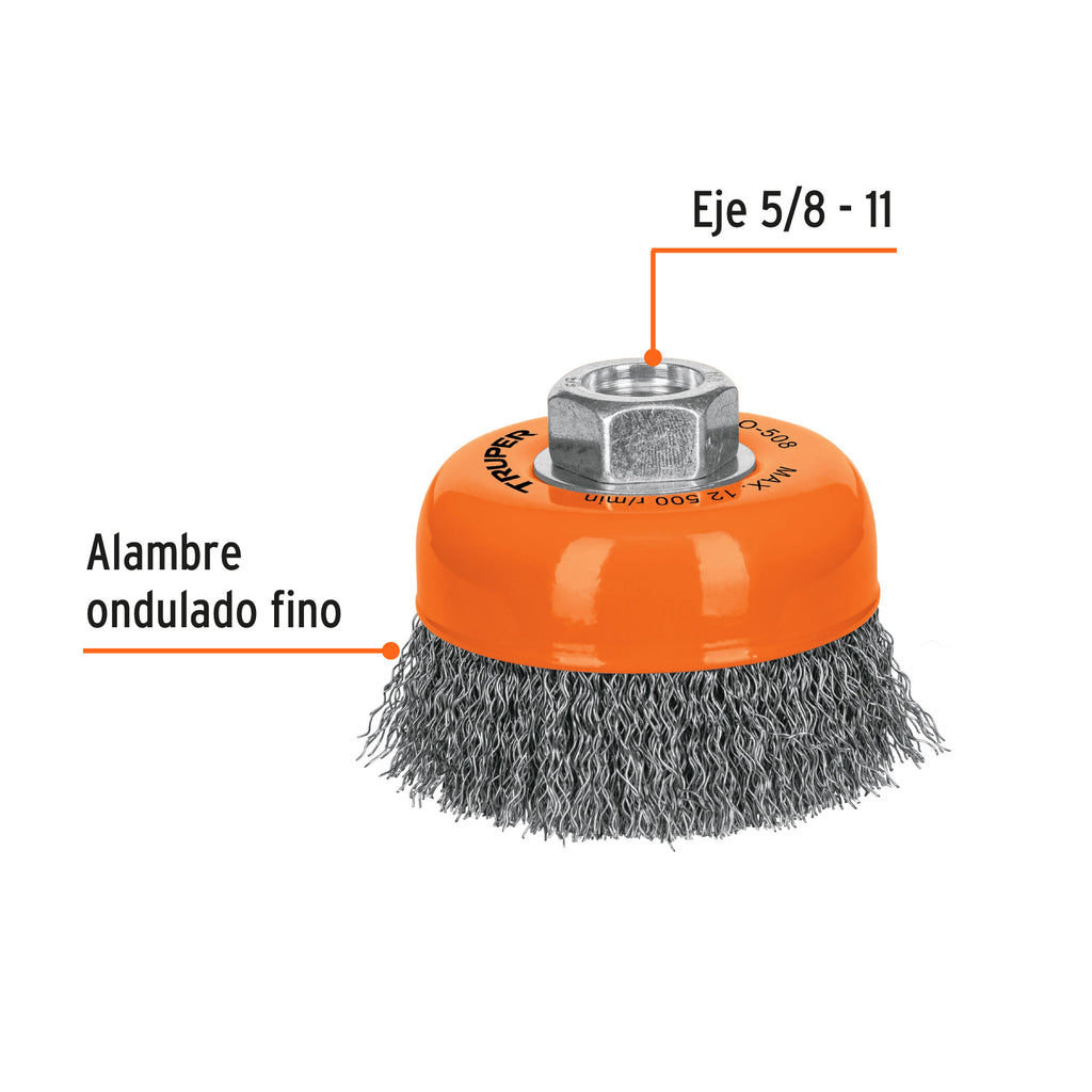 Carda copa 3" alambre ondulado fino, eje 5/8"-11, TRUPER CO-508 (14182)