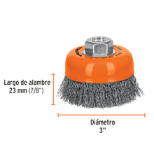 Cargar imagen en el visor de la galería, Carda copa 3" alambre ondulado fino, eje 5/8"-11, TRUPER CO-508 (14182)