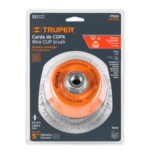 Cargar imagen en el visor de la galería, Carda copa 5" alambre ondulado grueso, eje 5/8"-11, TRUPER CO-512X (17533)