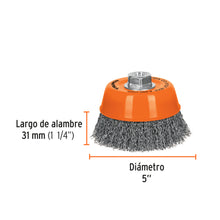 Cargar imagen en el visor de la galería, Carda copa 5" alambre ondulado grueso, eje 5/8"-11, TRUPER CO-512X (17533)