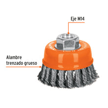 Cargar imagen en el visor de la galería, Carda copa 3" alambre trenzado grueso, eje M14, TRUPER CT-608MX (17530)