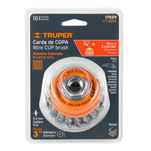 Cargar imagen en el visor de la galería, Carda copa 3" alambre trenzado grueso, eje 5/8"-11, TRUPER CT-608X (17529)