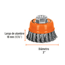 Cargar imagen en el visor de la galería, Carda copa 3" alambre trenzado grueso, eje 5/8"-11, TRUPER CT-608X (17529)