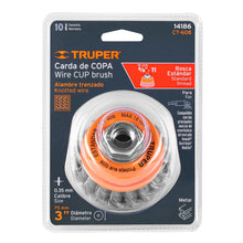 Cargar imagen en el visor de la galería, Carda copa 3" alambre trenzado fino, eje 5/8"-11, TRUPER CT-608 (14186)