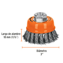 Cargar imagen en el visor de la galería, Carda copa 3" alambre trenzado fino, eje 5/8"-11, TRUPER CT-608 (14186)