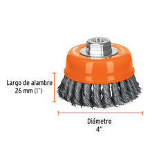Cargar imagen en el visor de la galería, Carda copa 4" alambre trenzado fino, eje M14, TRUPER CT-610M (14185)