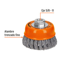 Cargar imagen en el visor de la galería, Carda copa 4" alambre trenzado fino, eje 5/8"-11, TRUPER CT-610 (14187)