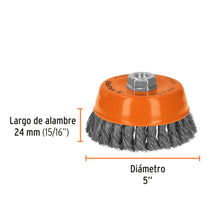 Cargar imagen en el visor de la galería, Carda copa 5" alambre trenzado fino, eje 5/8"-11, TRUPER CT-612 (11541)