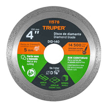 Cargar imagen en el visor de la galería, Disco de diamante de 4" x 1.6 mm rin continuo, TRUPER DID-140 (11578)