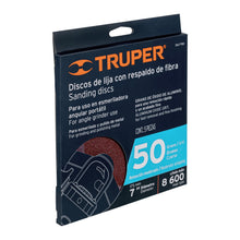 Cargar imagen en el visor de la galería, Disco de lija de 7" con respaldo de fibra, grano 50, TRUPER DILF-750 (100161)