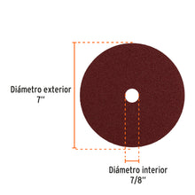 Cargar imagen en el visor de la galería, Disco de lija de 7" con respaldo de fibra, grano 50, TRUPER DILF-750 (100161)