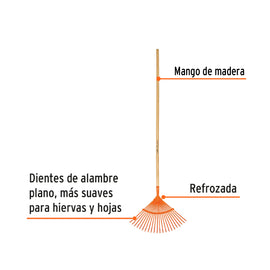 Escoba metálica para jardín, curva, 22 dientes, mango 48