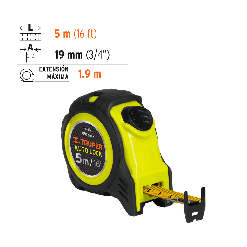 Flexómetro Auto-Lock contra impactos 5 m cinta 19 mm TRUPER FA-5M (10747)