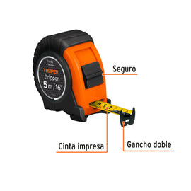 Flexómetro Gripper contra impactos 5 m cinta 19 mm, TRUPER FH-5M (14578)