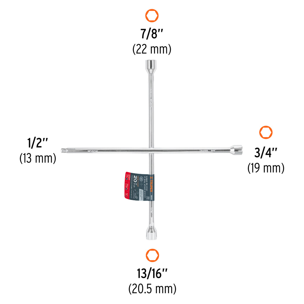 Llave de cruz 20" pulida y cromada con entrada cuadro 1/2" TRUPER LLCR-20D (18024)
