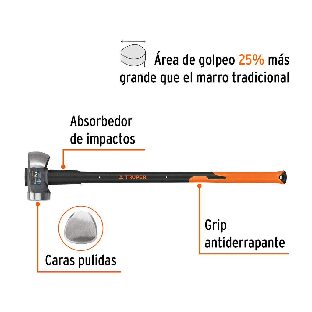 Marro demoledor 10 lb, mango fibra de vidrio 36", TRUPER MD-10FX (11135)
