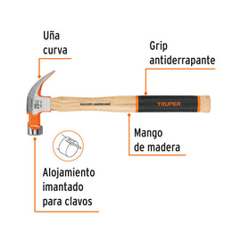 Martillo pulido 20 oz uña curva, mango hickory, TRUPER Grip MO-20 (16656)