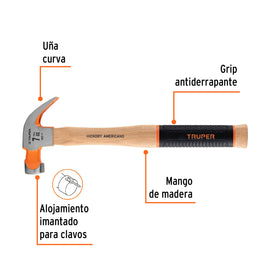Martillo pulido 7 oz uña curva, mango hickory, TRUPER Grip MO-7 (16650)