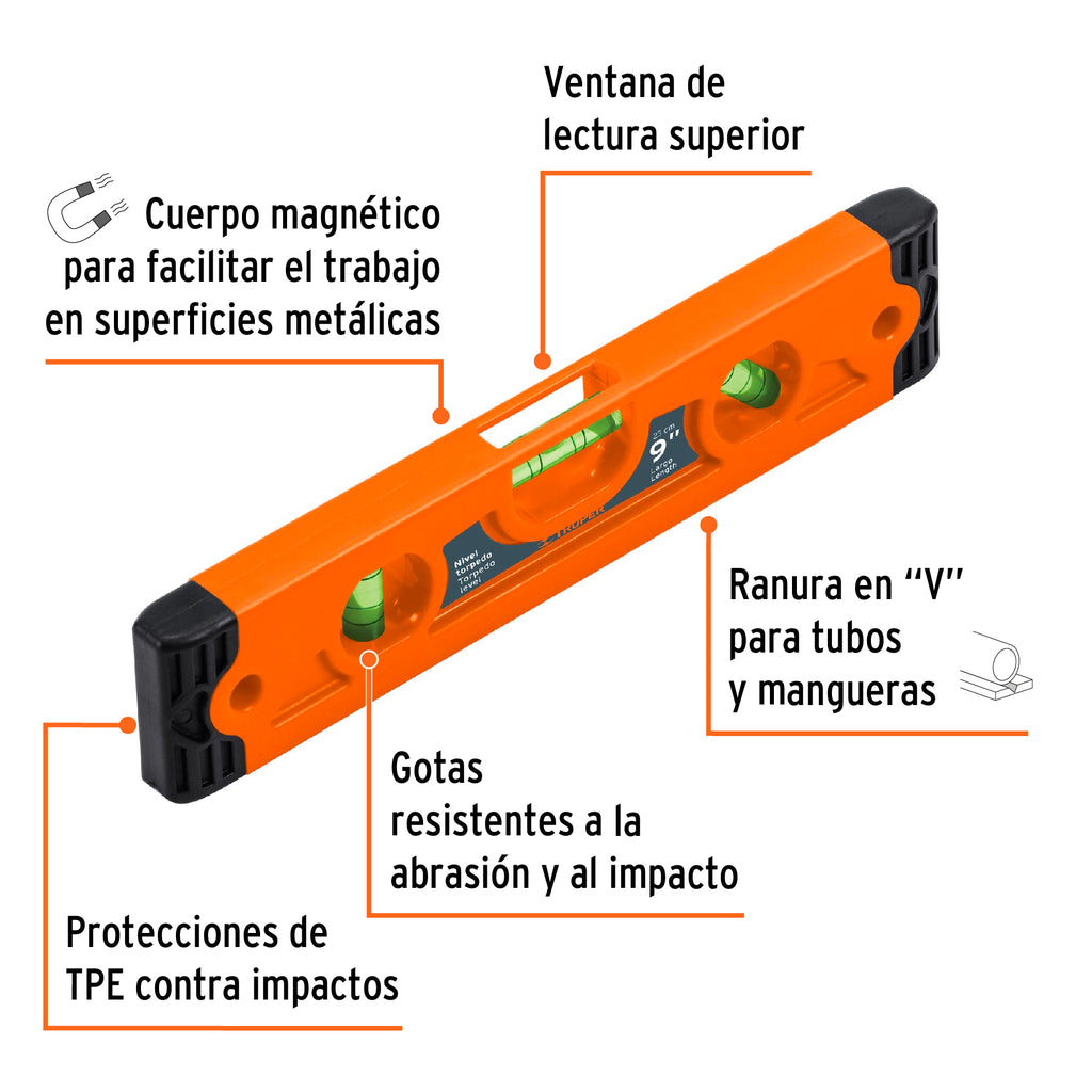 Nivel torpedo magnético de 9" con cuerpo de ABS, TRUPER NT-9 (11223)