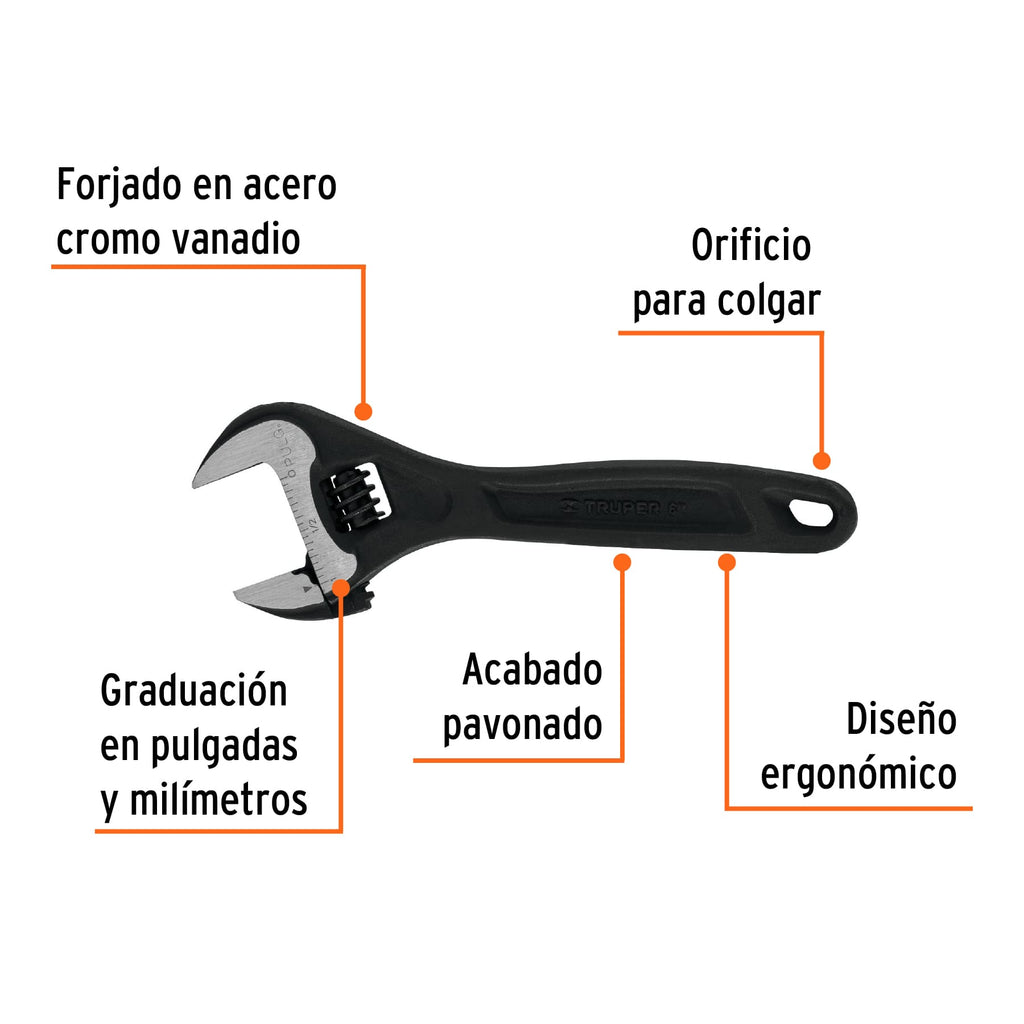 Llave perica 6" profesional pavonada, TRUPER Expert PET-6 (15500)