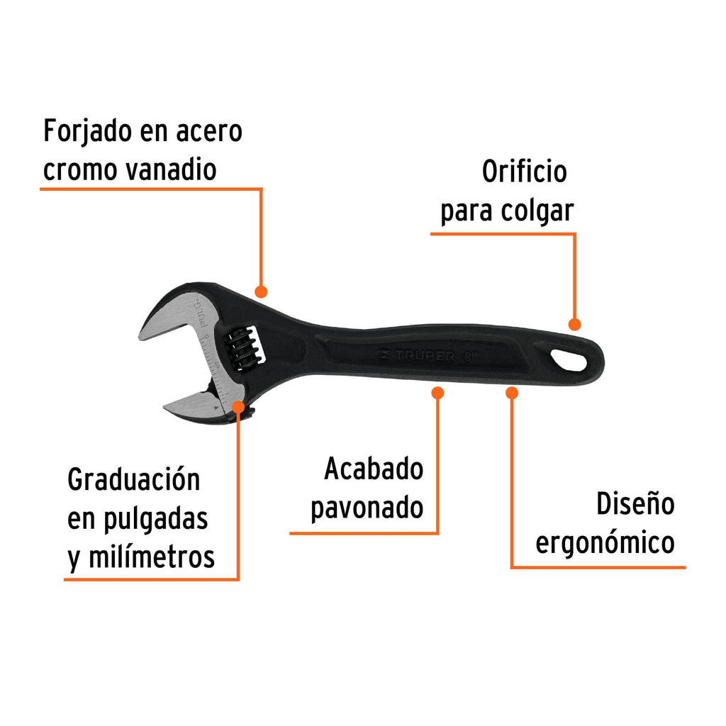 Llave perica 8" profesional pavonada, TRUPER Expert PET-8 (15501)