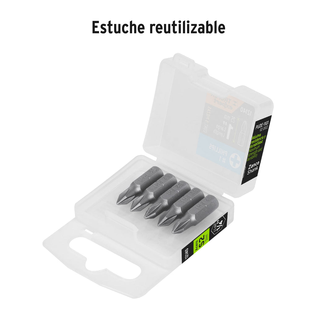 Estuche con 5 puntas de cruz PH1 largo 1", TRUPER Expert PUDE-1101 (12140)