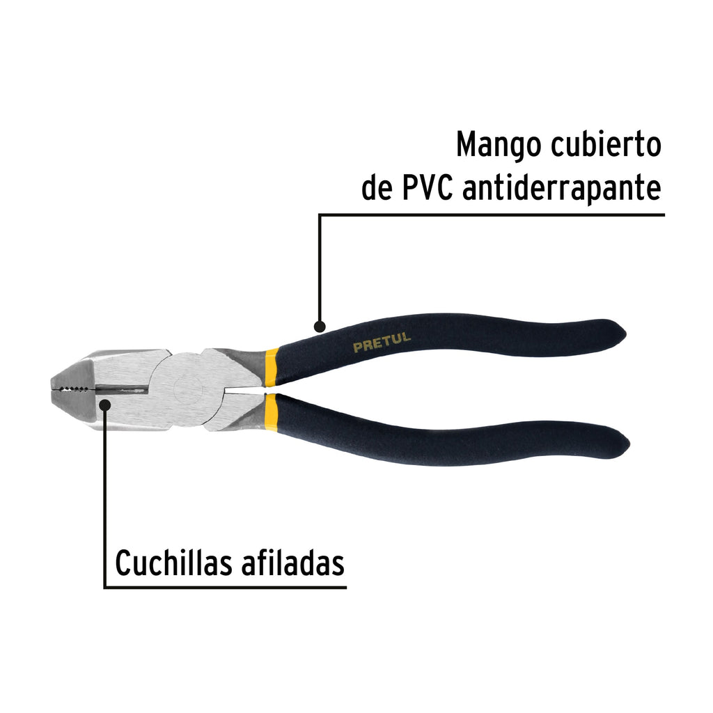 Pinza para electricista 8" uso rudo, mango de PVC, PRETUL  218-P (22606)