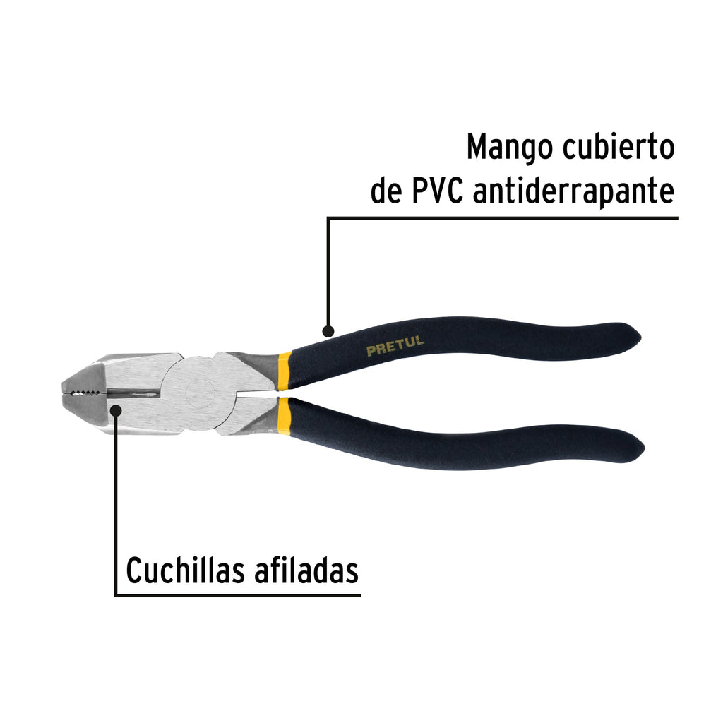 Pinza para electricista 9" uso rudo, mango de PVC, PRETUL 219-P (22612)