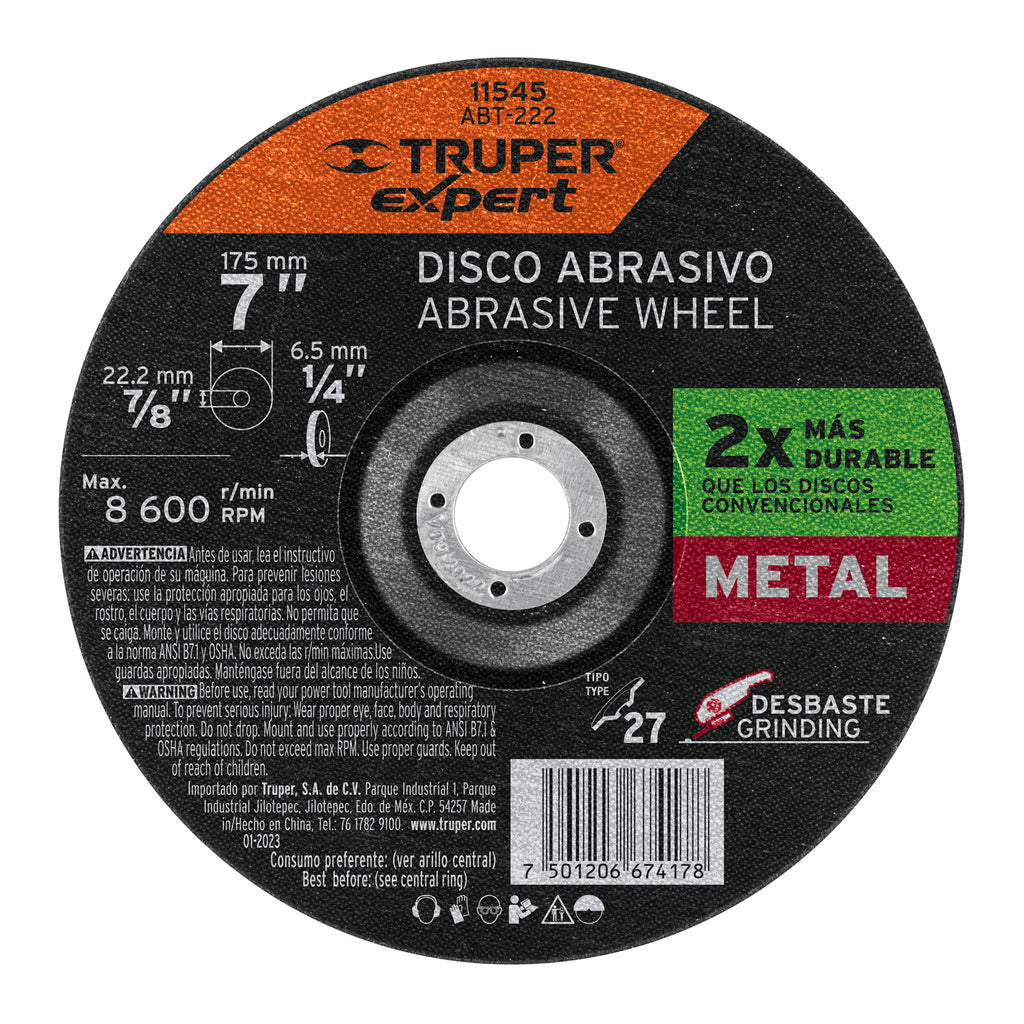 Disco Tipo 27 de 7" x 6.4 mm desbaste de metal, Expert TRUPER ABT-222 (11545)