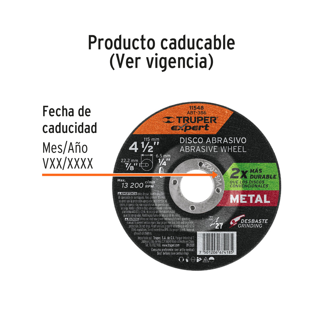 Disco Tipo 27 de 4-1/2" x 6.4 mm desbaste de metal, Expert TRUPER ABT-386 (11548)