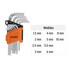 Cargar imagen en el visor de la galería, Juego 10 llaves allen mm punta hexagonal con organizador, TRUPER ALL-10M (15536)