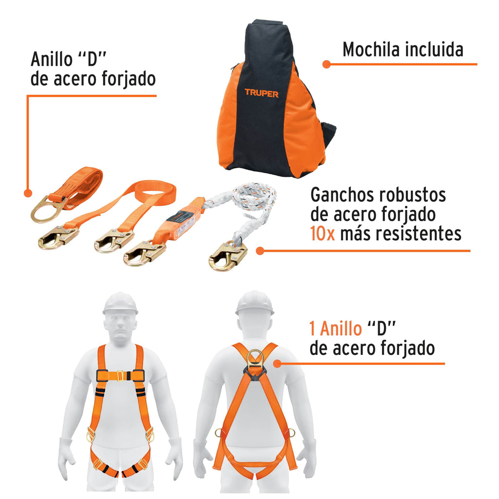 Kit contra caídas con arnés de tres anillos, ANSI, TRUPER ARN-KIT-3A (100887)