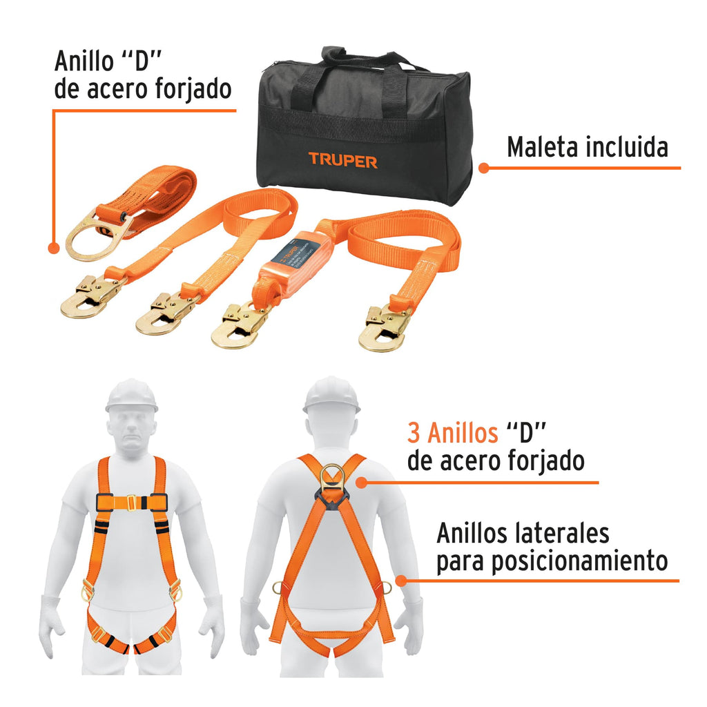 Kit contra caídas con arnés de tres anillos, TRUPER ARN-KIT-3 (100889)