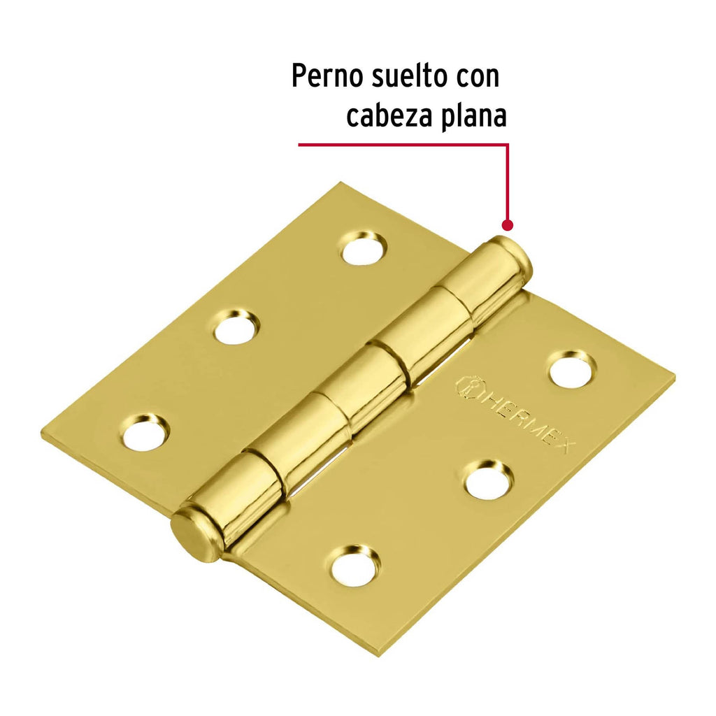 Bisagra de libro cuadrada 2-1/2", latonado, cabeza plana, 1pz, HERMEX BC-251P (43236)