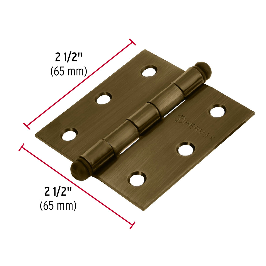 Bisagra de libro cuadrada 2-1/2", latón antiguo, cabeza redonda, 1pz, HERMEX BC-252R (43245)