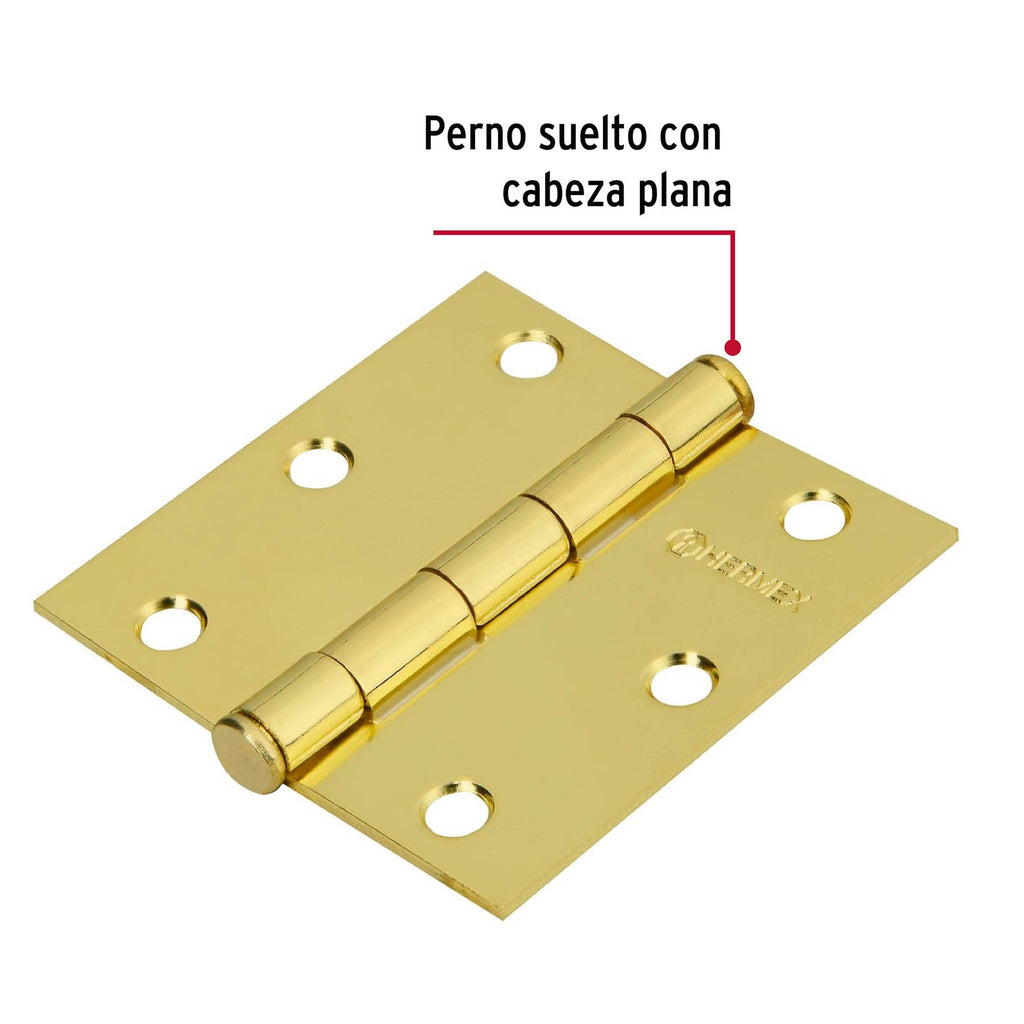 Bisagra de libro cuadrada 3", latonado, cabeza plana, 1pz, HERMEX BC-301P (43237)