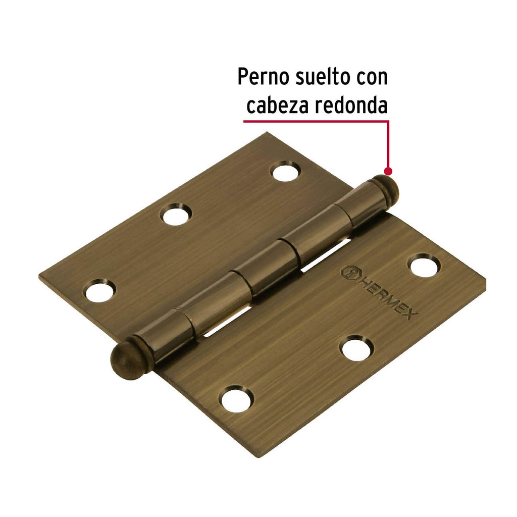 Bisagra de libro cuadrada 3-1/2", latón antiguo, cabeza redonda, 1pz, HERMEX BC-352R (43247)