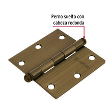 Cargar imagen en el visor de la galería, Bisagra de libro cuadrada 3-1/2&quot;, latón antiguo, cabeza redonda, 1pz, HERMEX BC-352R (43247)