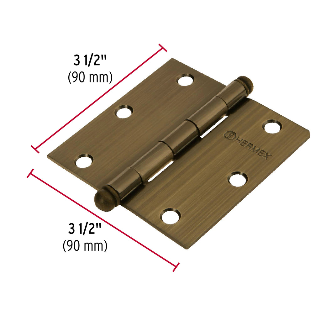 Bisagra de libro cuadrada 3-1/2", latón antiguo, cabeza redonda, 1pz, HERMEX BC-352R (43247)