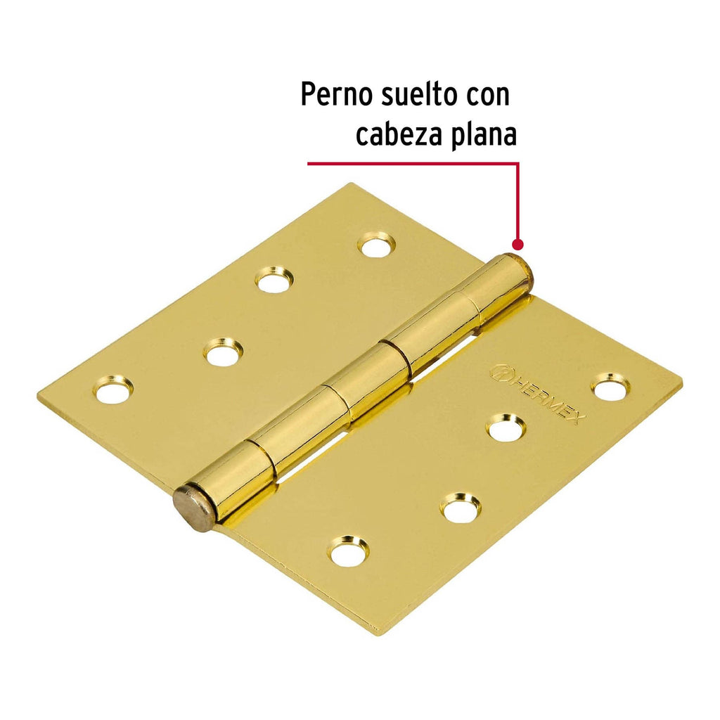 Bisagra de libro cuadrada 4", latonado, cabeza plana, 1pz, HERMEX BC-401P (43239)