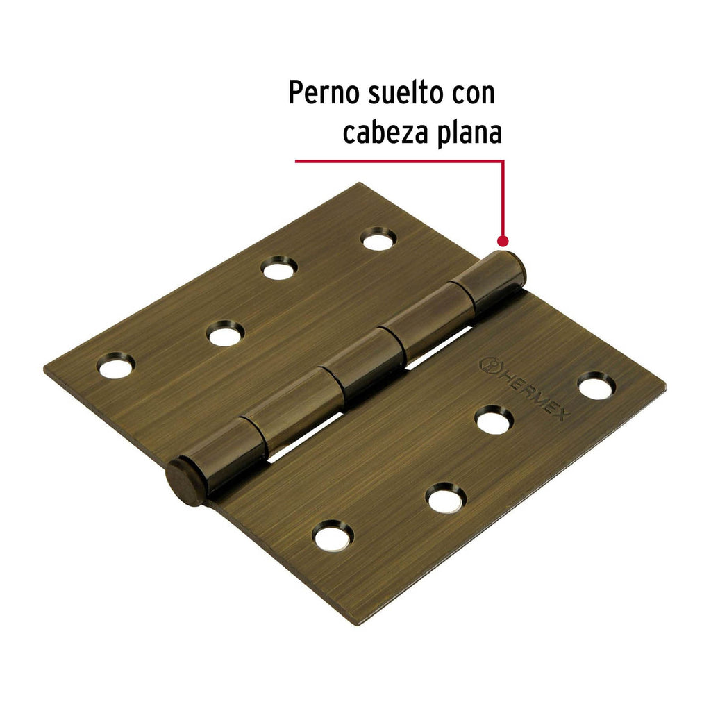 Bisagra de libro cuadrada 4", latón antiguo, cabeza plana, 1pz, HERMEX BC-402P (43253)